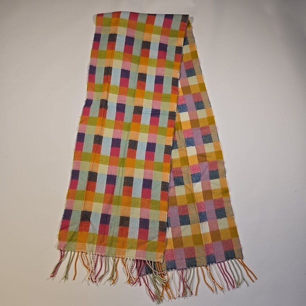 VTG Made In Scotland 100 Percent Cashmere Scarf Multi Gingham Check Fringe 1960s